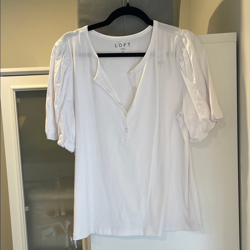 LOFT Ivory Button-Front Puff Sleeve Blouse